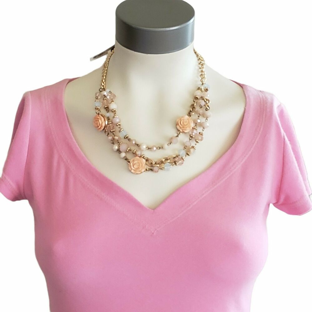 NEW YORK & COMPANY 3 tier strand beaded chain link floral statement necklace NEW - Picture 4 of 4